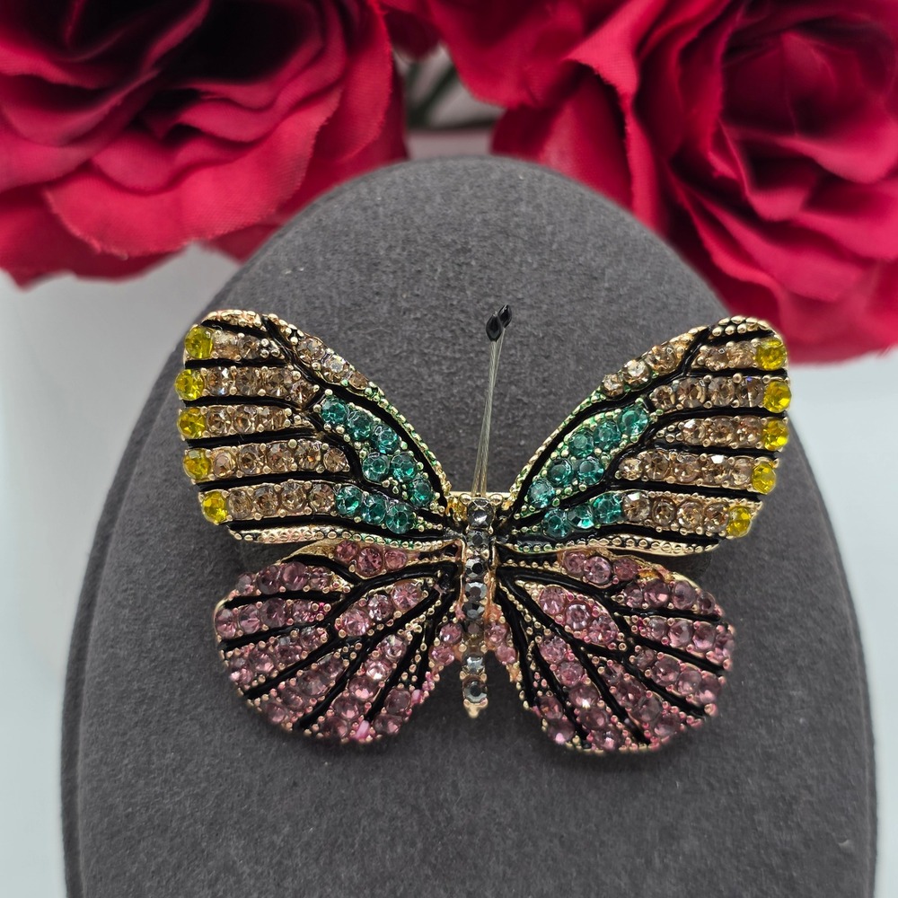 Multicolor Rhinestone Butterfly Brooch Gold Tone‎ Crystal Insect Pin 2 Inch